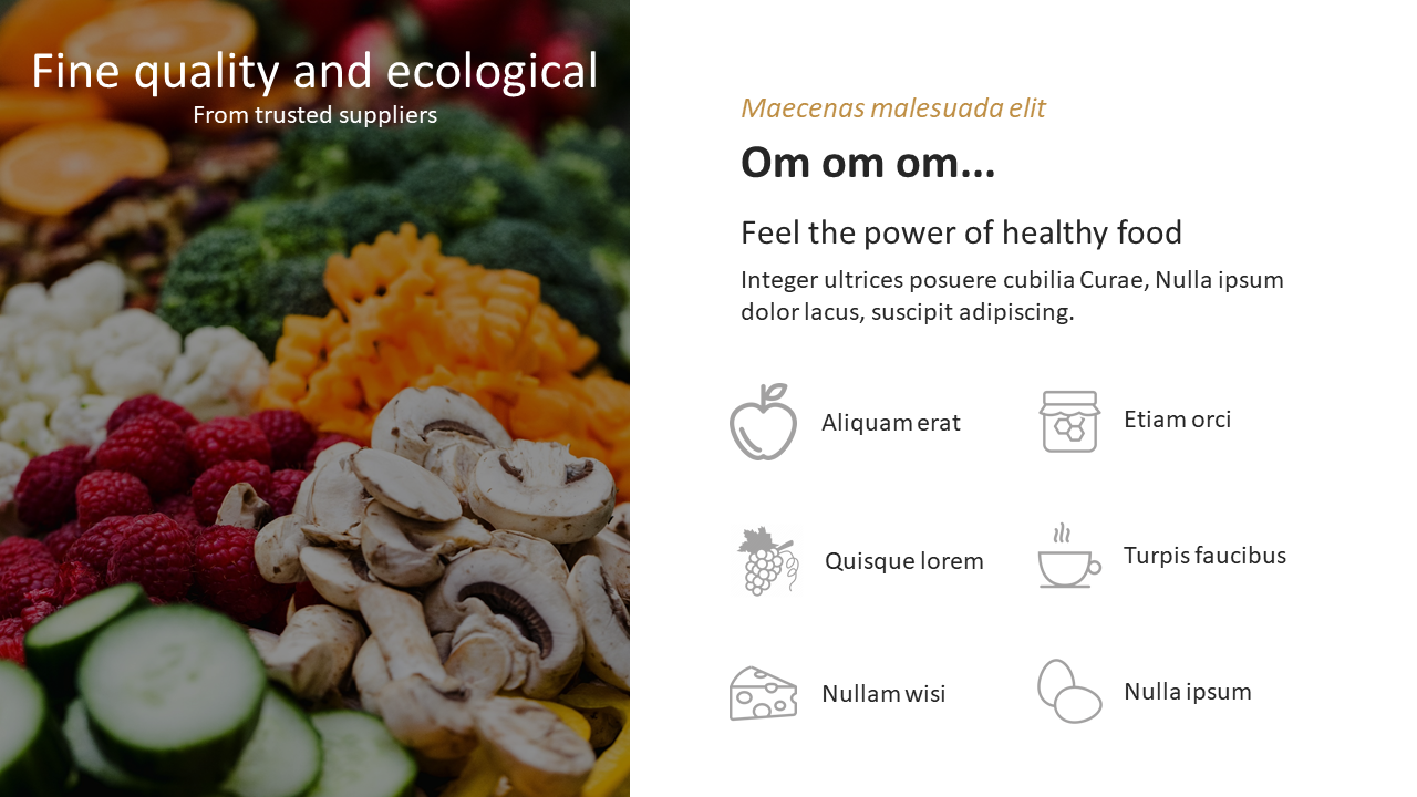 Healthy food template with vegetables on the left and health icons with placeholder text areas on the right.