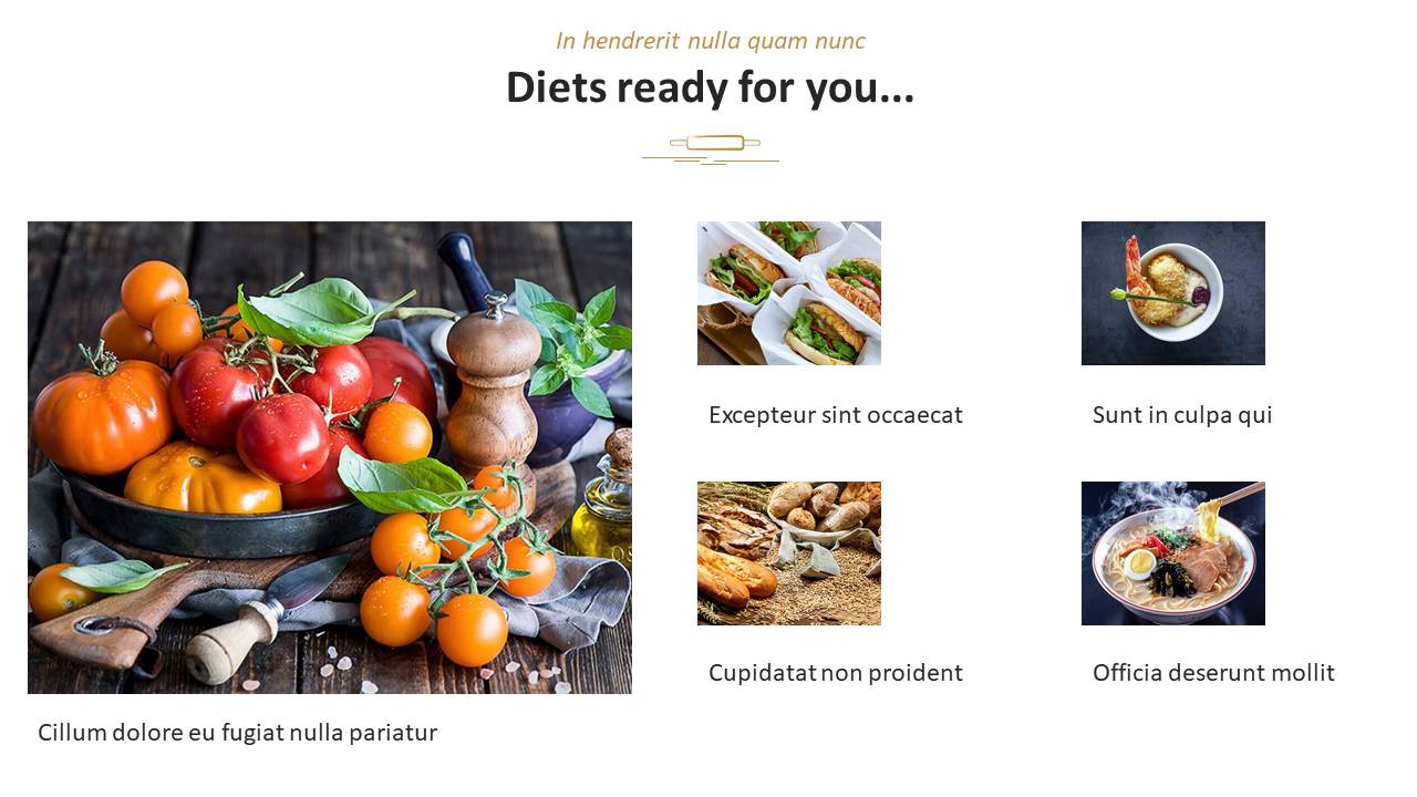 A vibrant layout with a main image of fresh vegetables, with four smaller photos of various prepared dishes.