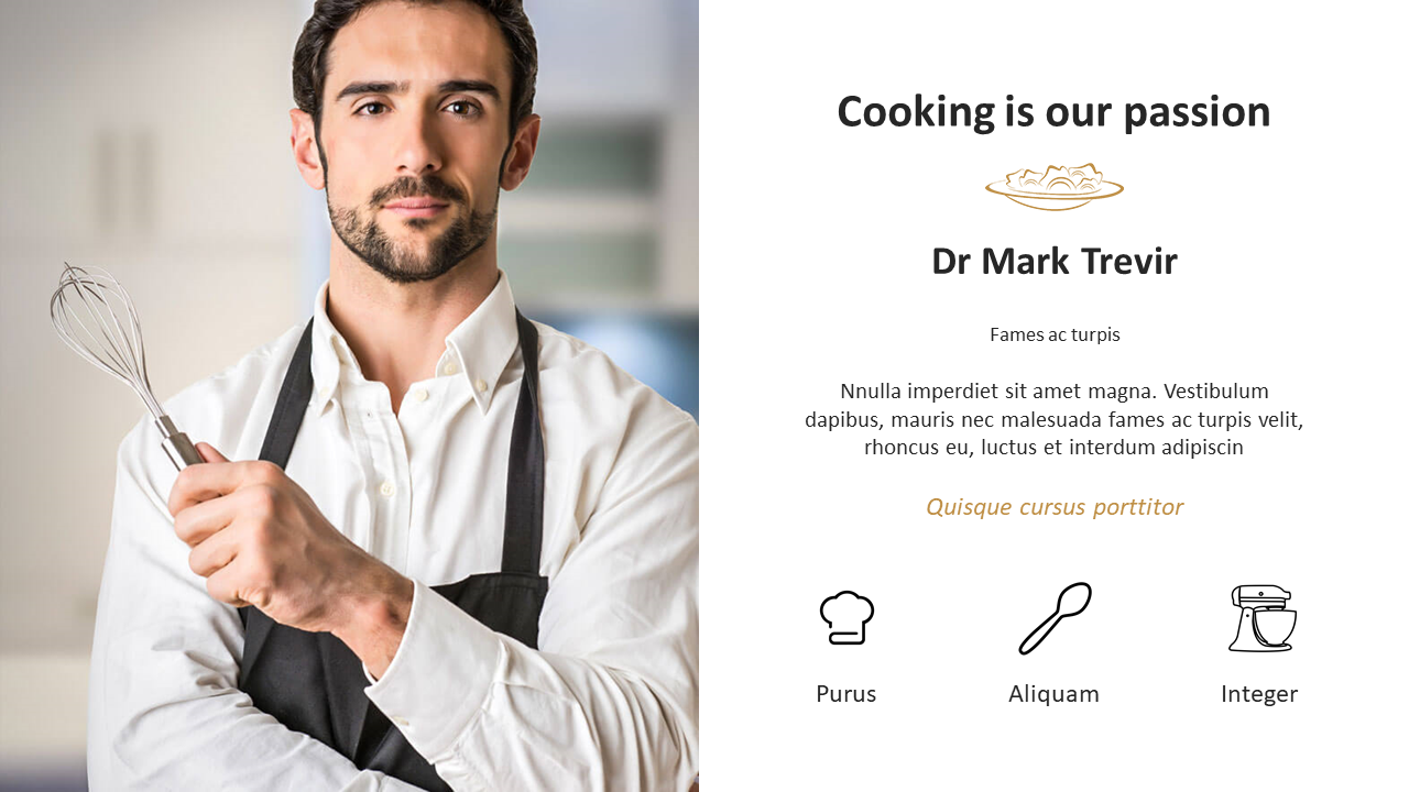 A slide with a master chef holding a whisk with a quote and few cooking icons in a white background.