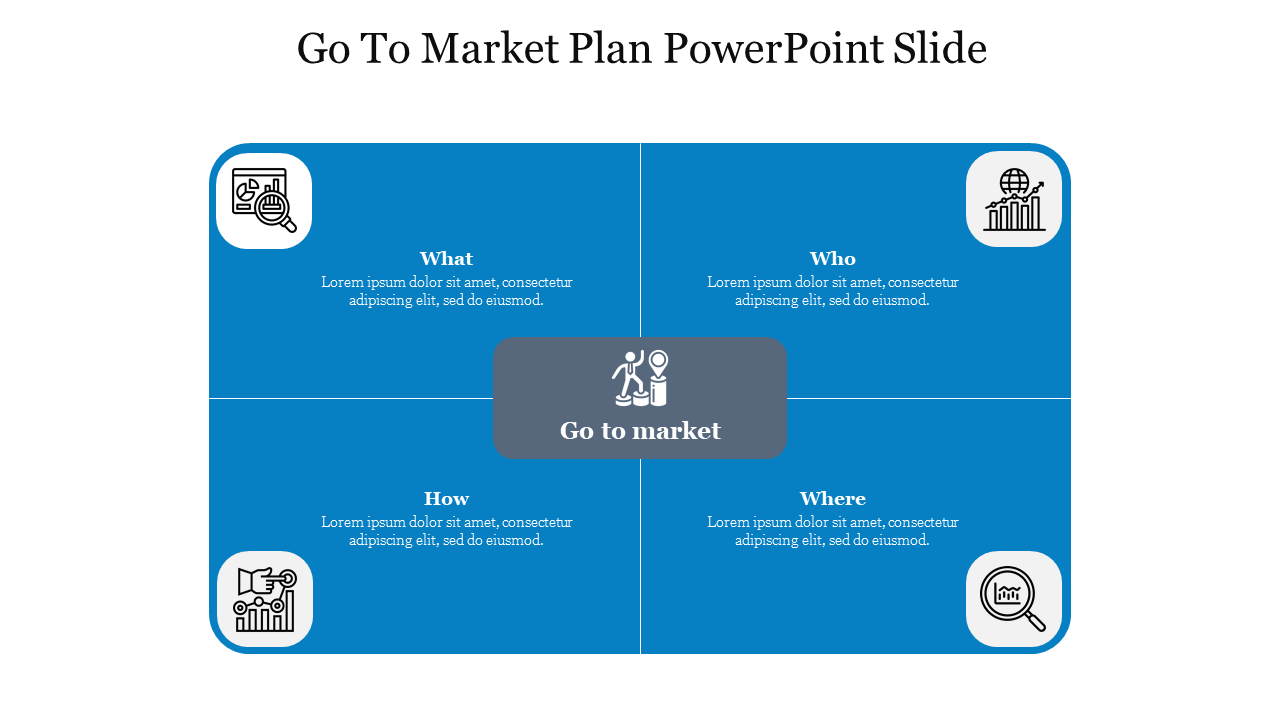 Blue themed slide with four sections in rectangular shapes and a central gray area, featuring white circular icons.