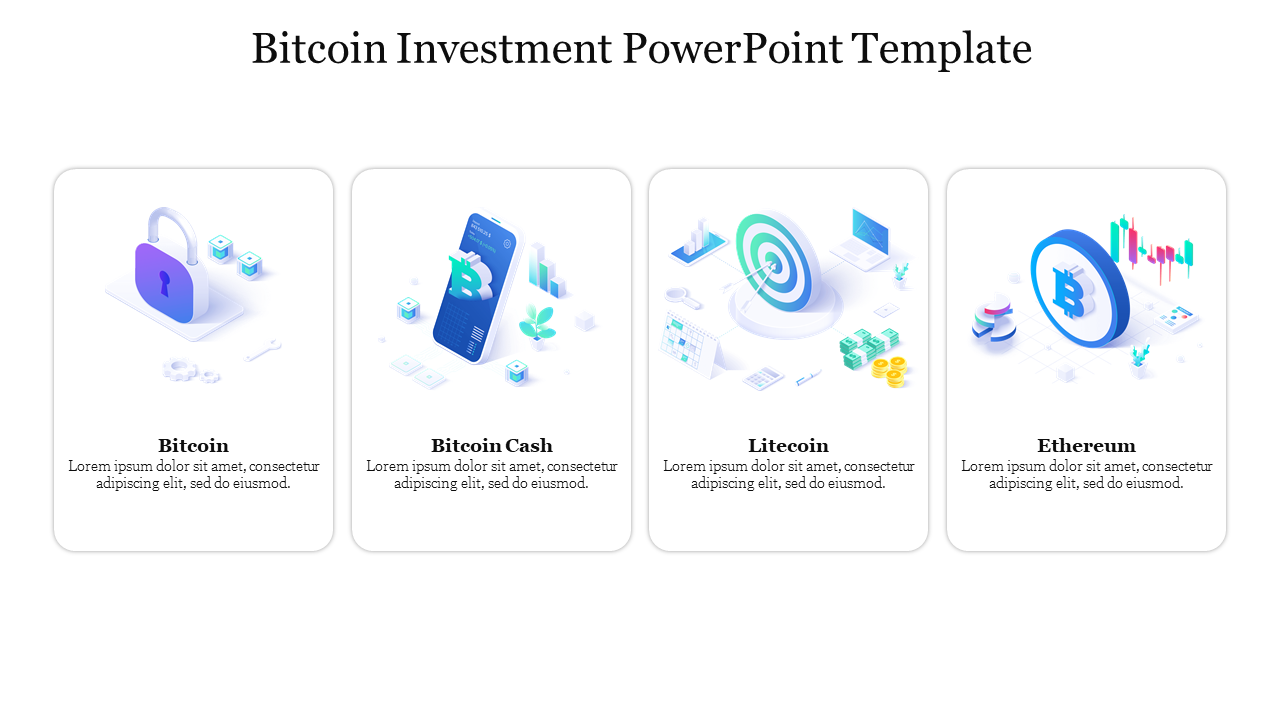 Bitcoin Investment slide with icons representing Bitcoin, Bitcoin Cash, Litecoin, and Ethereum, each with related text.