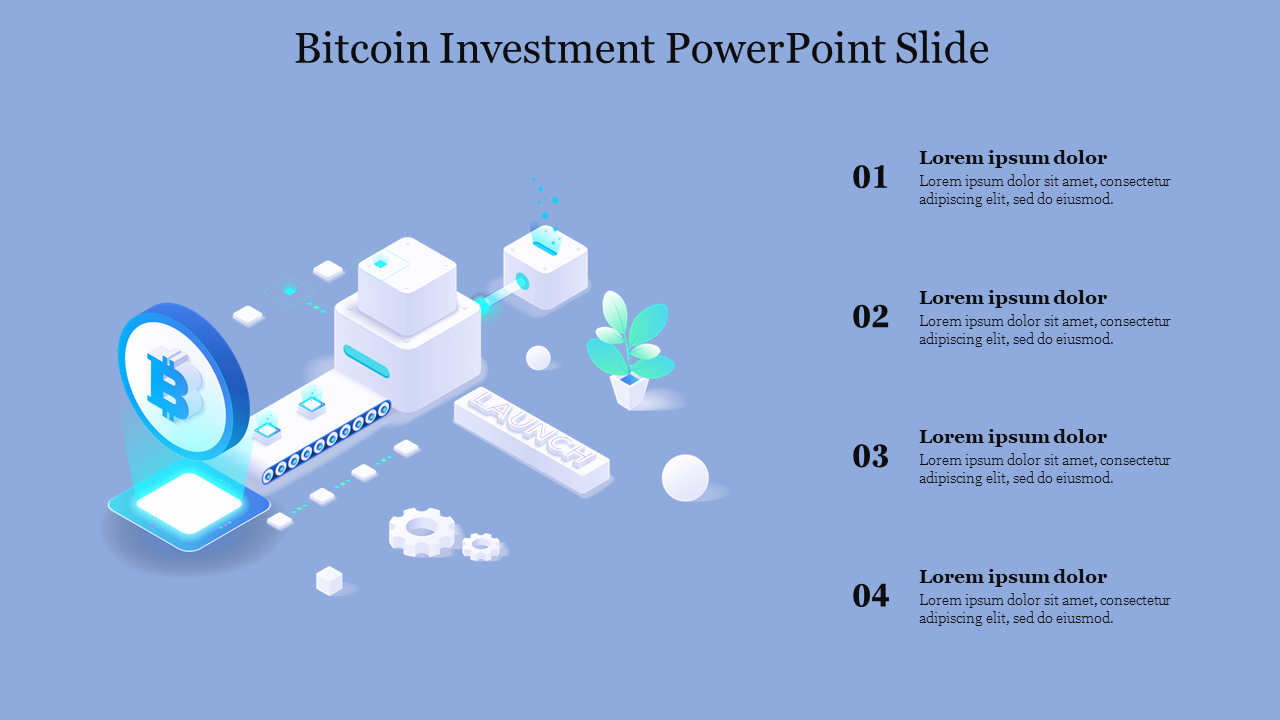 Cryptocurrency slide with a Bitcoin logo, digital cubes, and a launch label, featuring four numbered steps.