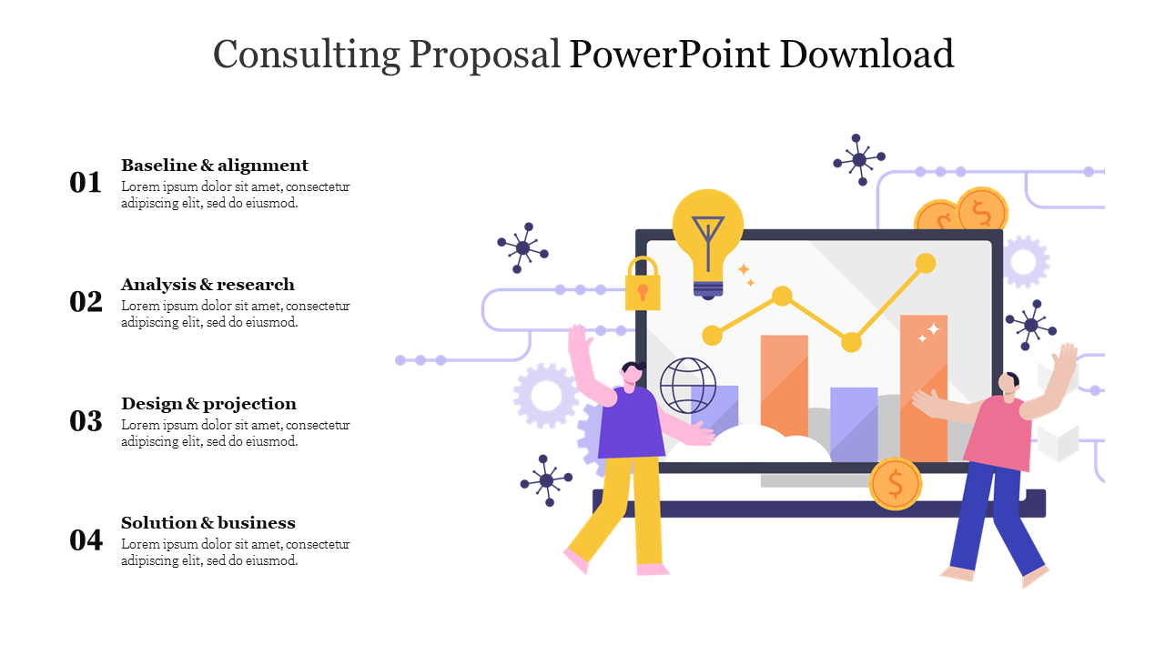 Slide featuring four numbered text and a colorful illustration of a graph, icons, and people on the right.