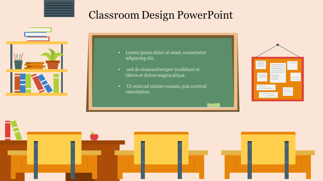 Illustration of a colorful classroom with desks, a chalkboard, a bookshelf, and a bulletin board.