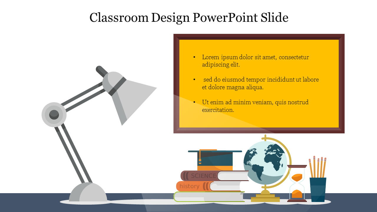 Classroom design template featuring educational icons like books, a globe, and a text area on a board.