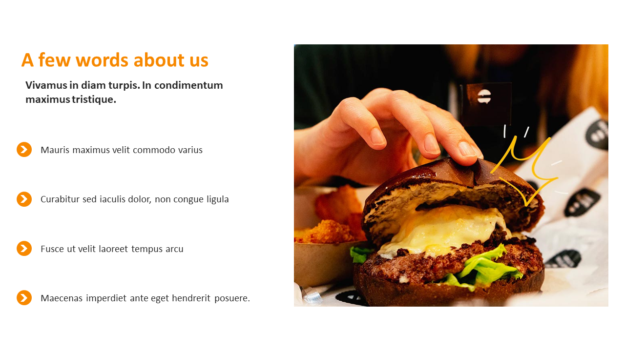 About Us section showing a hand holding a burger, accompanied by bullet points on the brand's values.