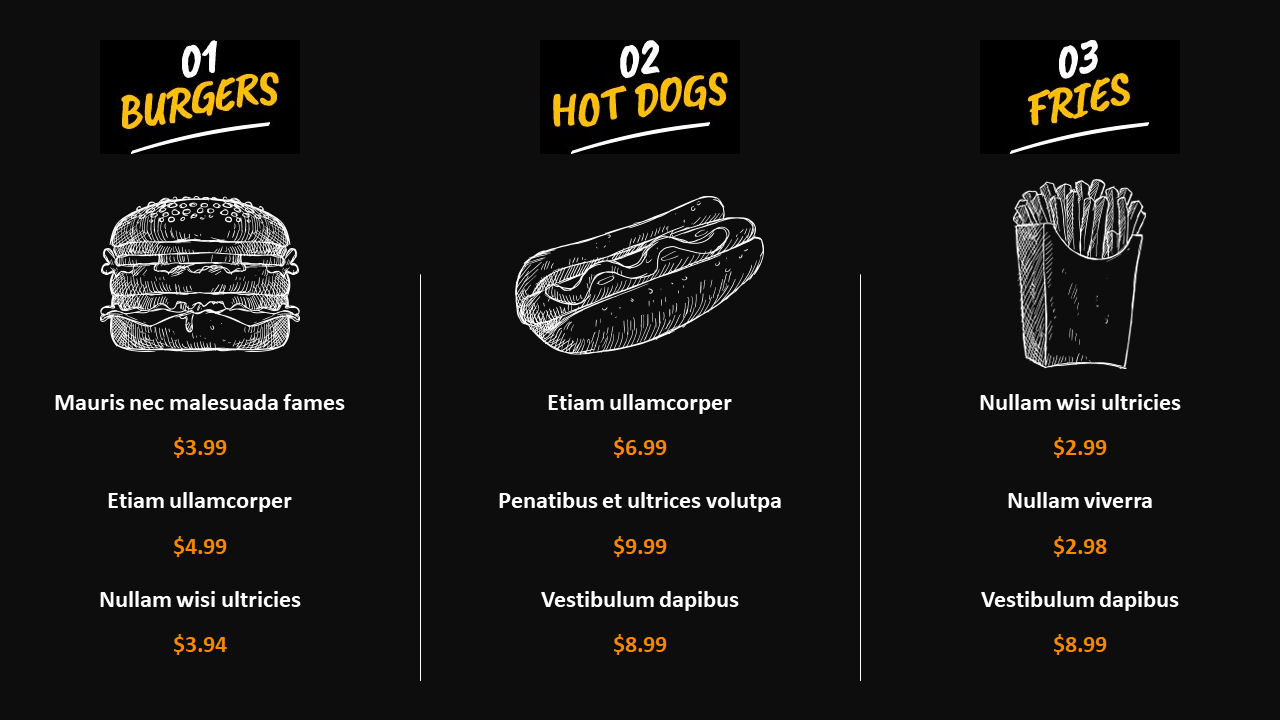 Three-column layout with sketches of a burger, hot dog, and fries, each with prices listed below, on a black background.