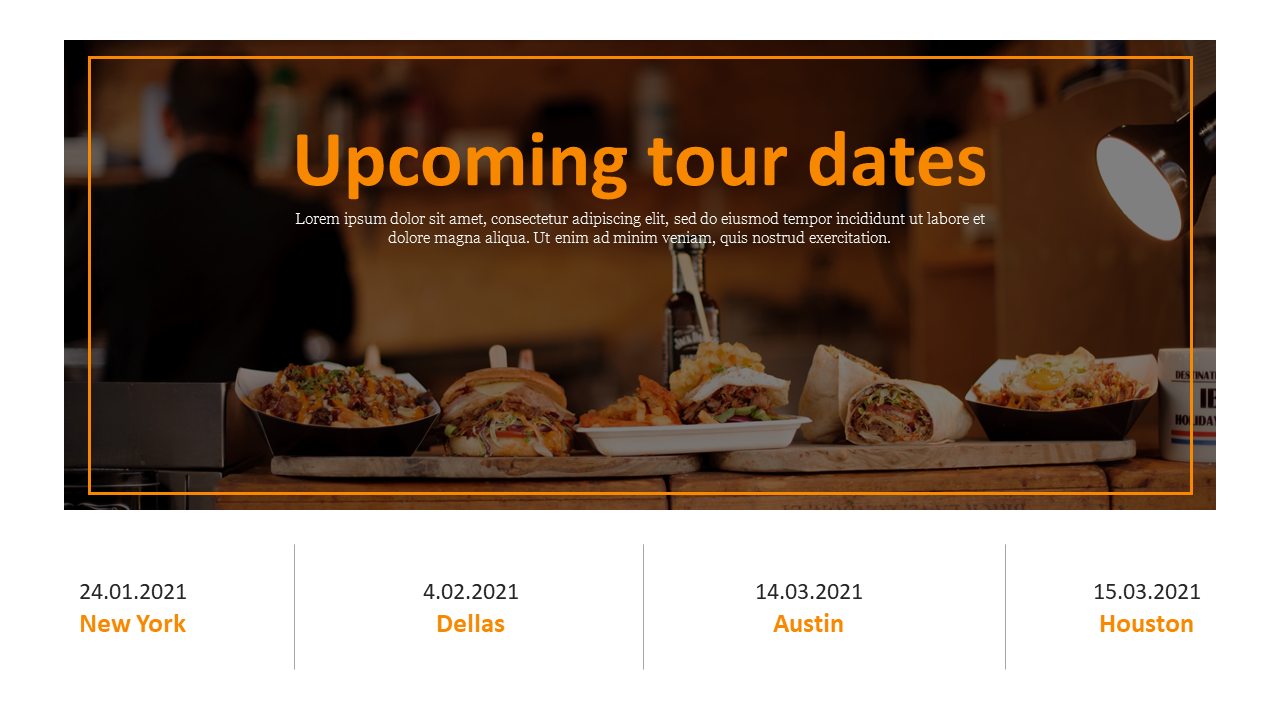 Variety of street food dishes on a counter with tour dates listed below, highlighted in orange, against a blurred background.