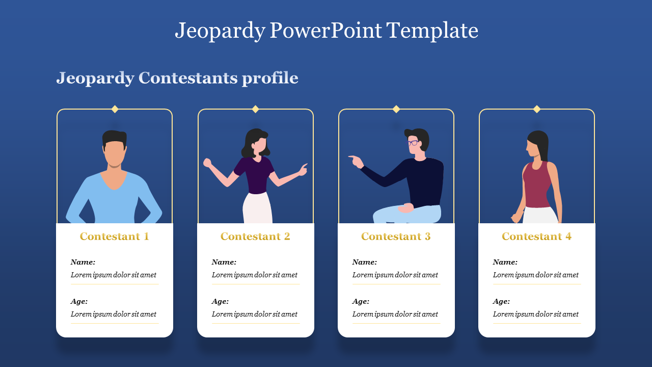 Jeopardy-themed slide with individual profiles for four contestants, including avatars and text fields.