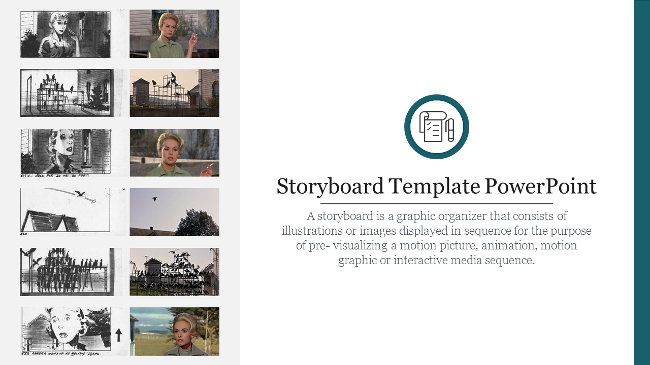 Slide with a sequence of storyboard frames in black and white sketches on the left and a description on the right.