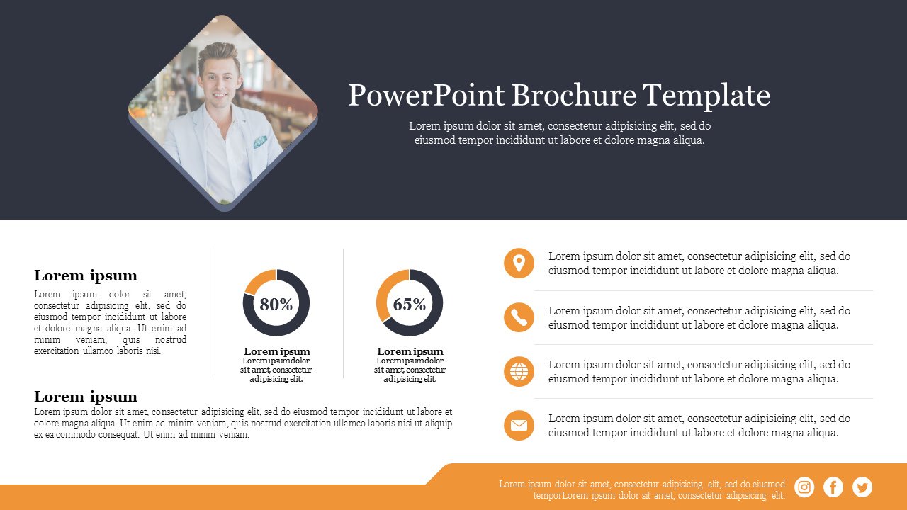 Brochure template with a diamond frame photo of a man, two progress charts, and contact details with yellow accents.