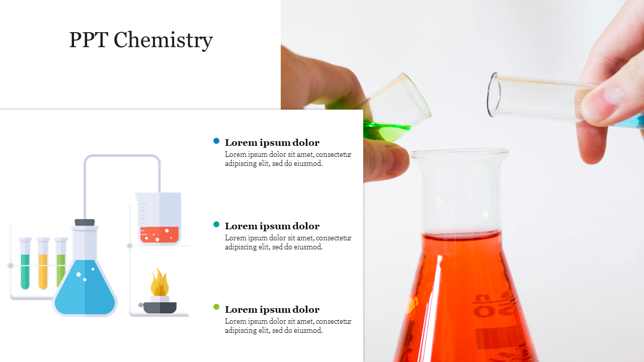 Hands pouring colored liquids into a flask in a chemistry experiment, with an lab setup and three placeholders text areas.