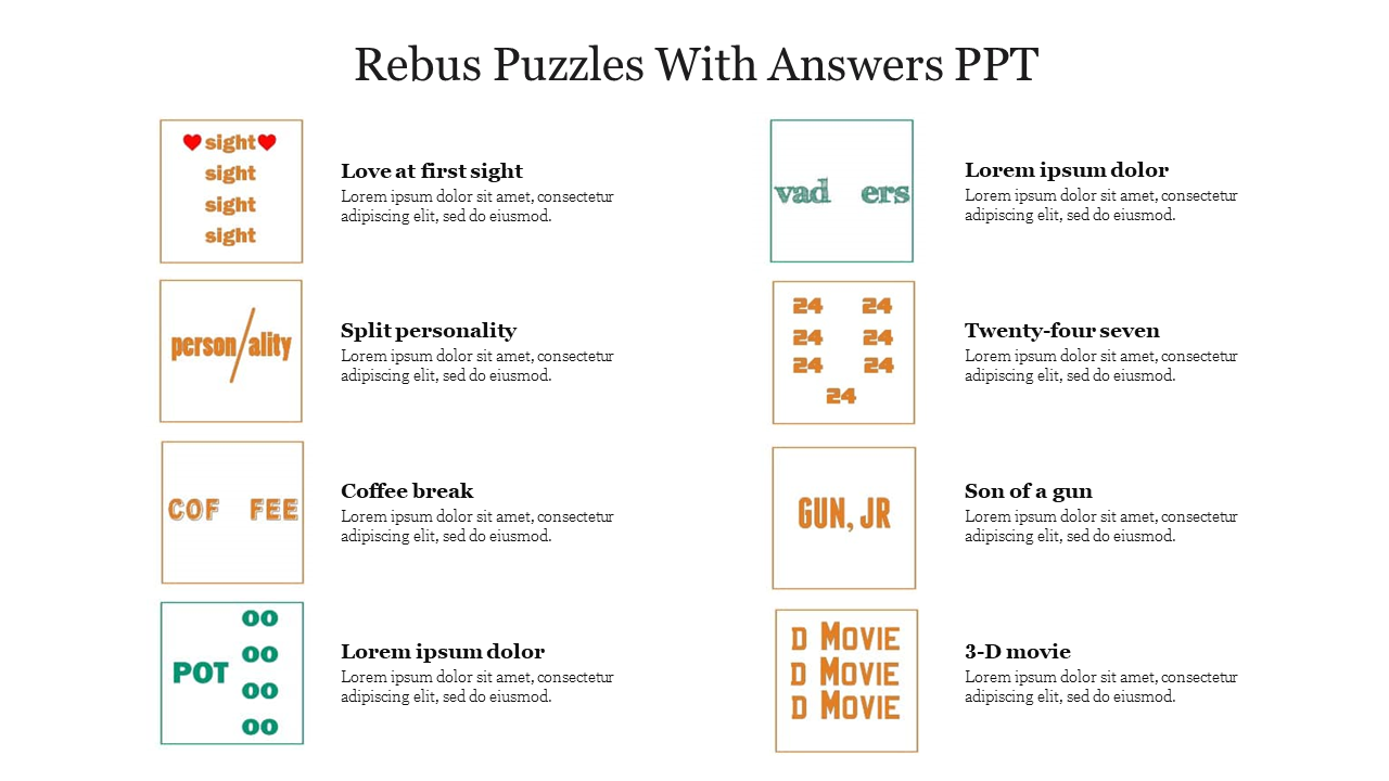 Rebus Puzzles with answers such as Love at first sight, Split personality, Coffee break, and 3-D movie.