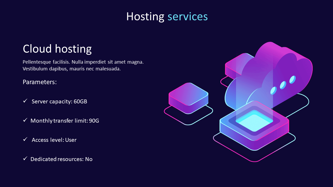 Slide on cloud hosting services detailing server capacity, transfer limits, access level, and resources on a blue backdrop.