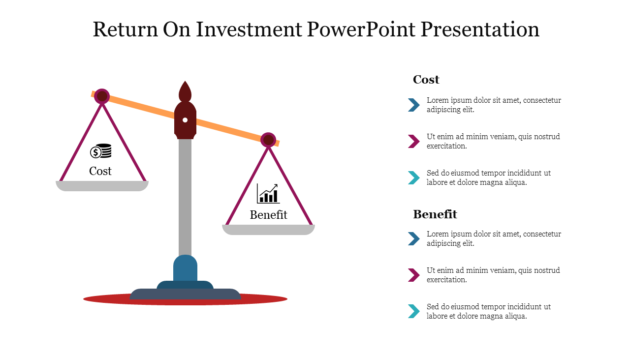 A balance scale comparing cost and benefit labeled with icons and corresponding text with arrows listed on the right.