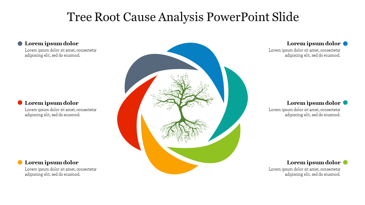 Circular colored swoosh design in blue, teal, green, orange, red, and gray, with a tree in the center and six captions.