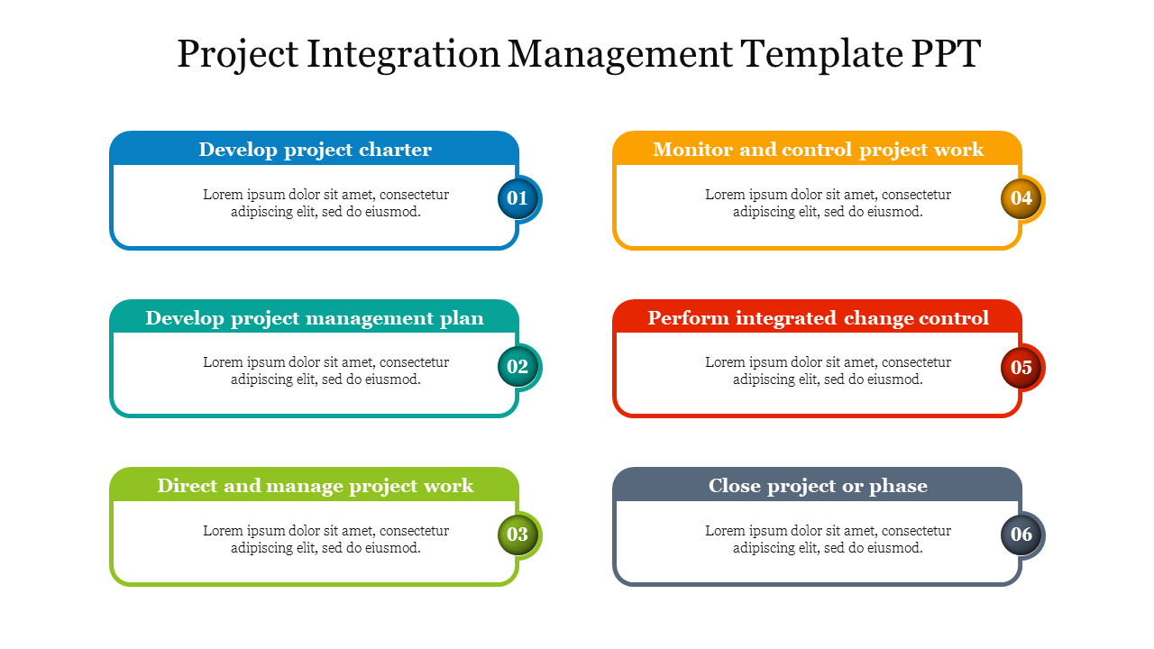 Colorful six step project management flowchart slide including stages with placeholder text.