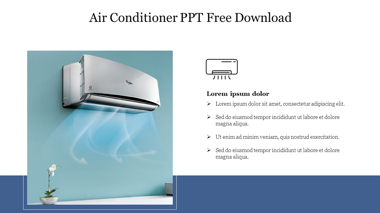 Slide featuring a wall mounted air conditioner with cool air flow and placeholder text on a blue background.