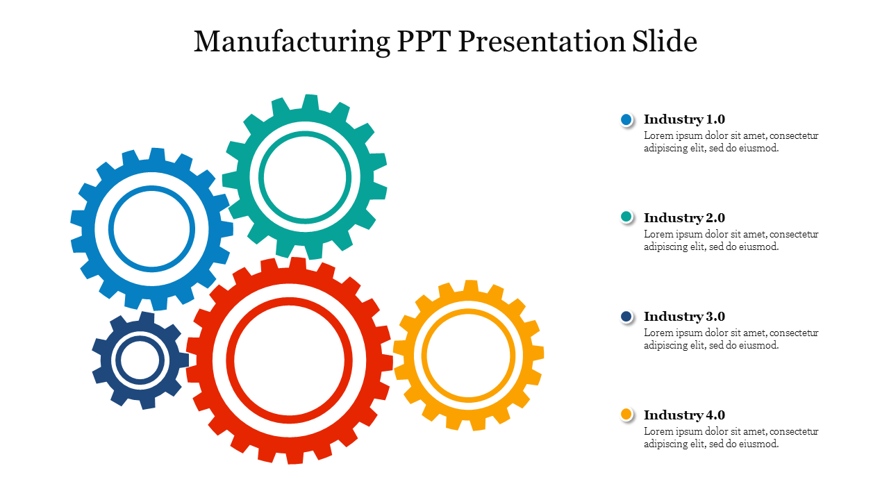 Manufacturing slide with colorful interlocking gears representing Industry 1.0 to Industry 4.0 with placeholder text.