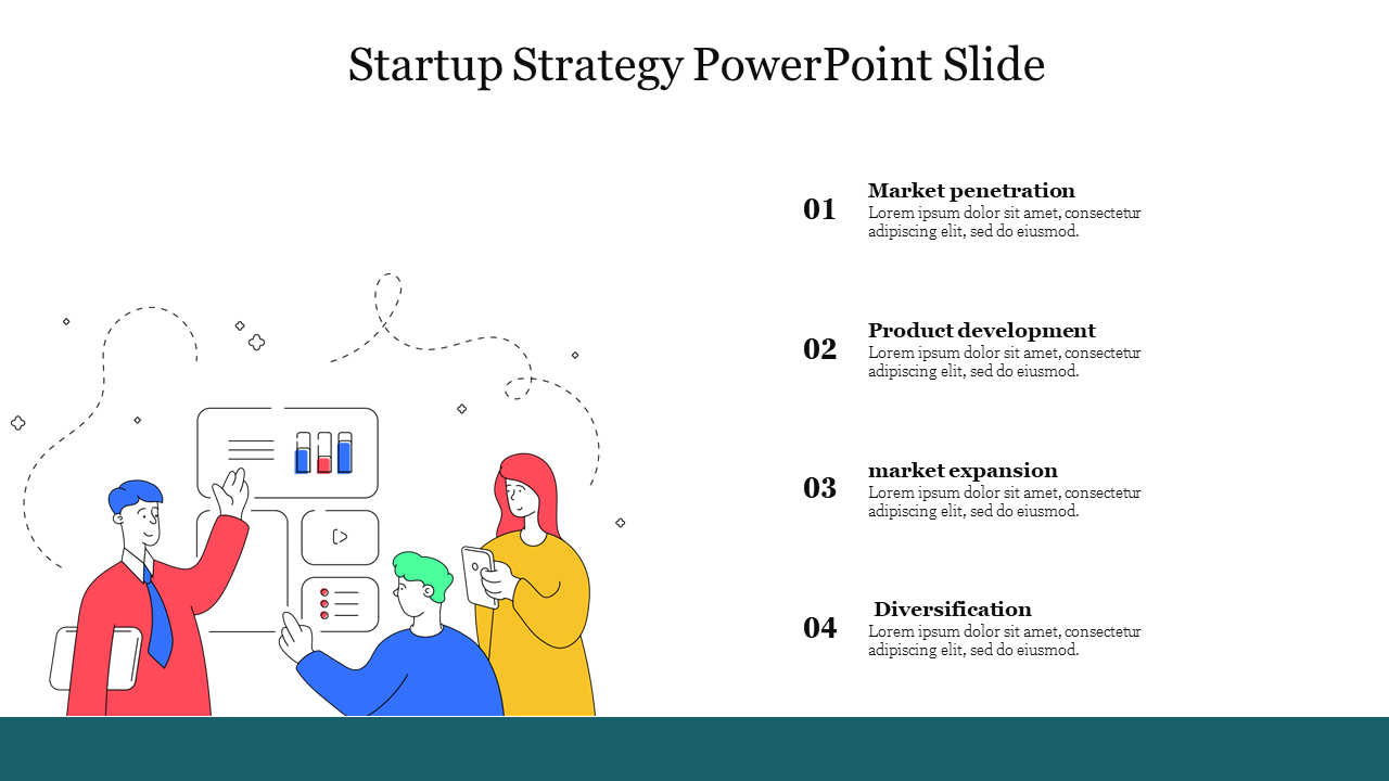 Startup strategy slide outlining key stages from Market penetration to diversification with illustration and text area.