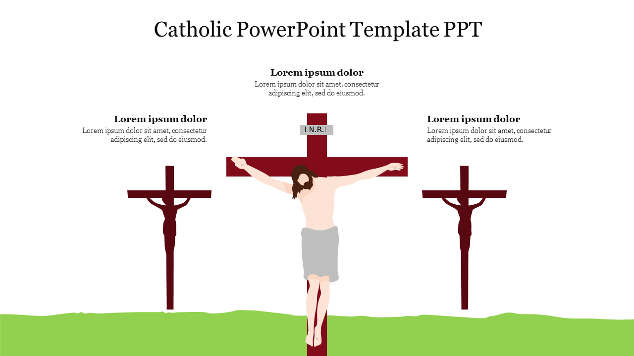 Illustration of three crosses on a green field, with Jesus on the central cross, and placeholder text above.