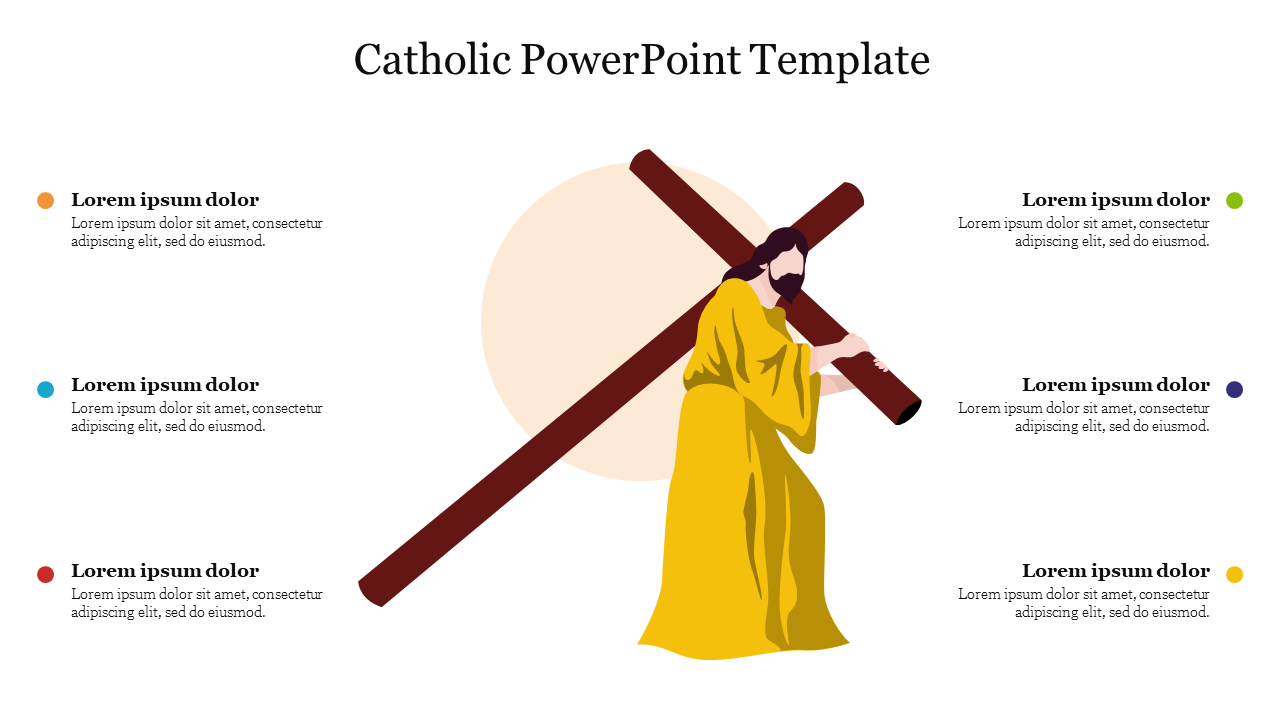 Illustration of Jesus in a yellow robe carrying a wooden cross, with six colored text areas arranged on both sides.