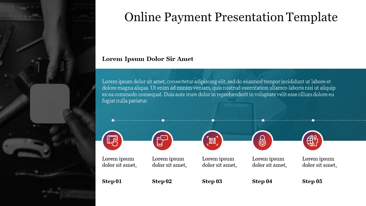 Online payment slide with five icons in red, on a teal banner and a hand holding a card near a payment terminal.