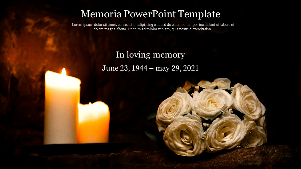 Memorial template with lit candles and white roses against a dark background with a caption area.