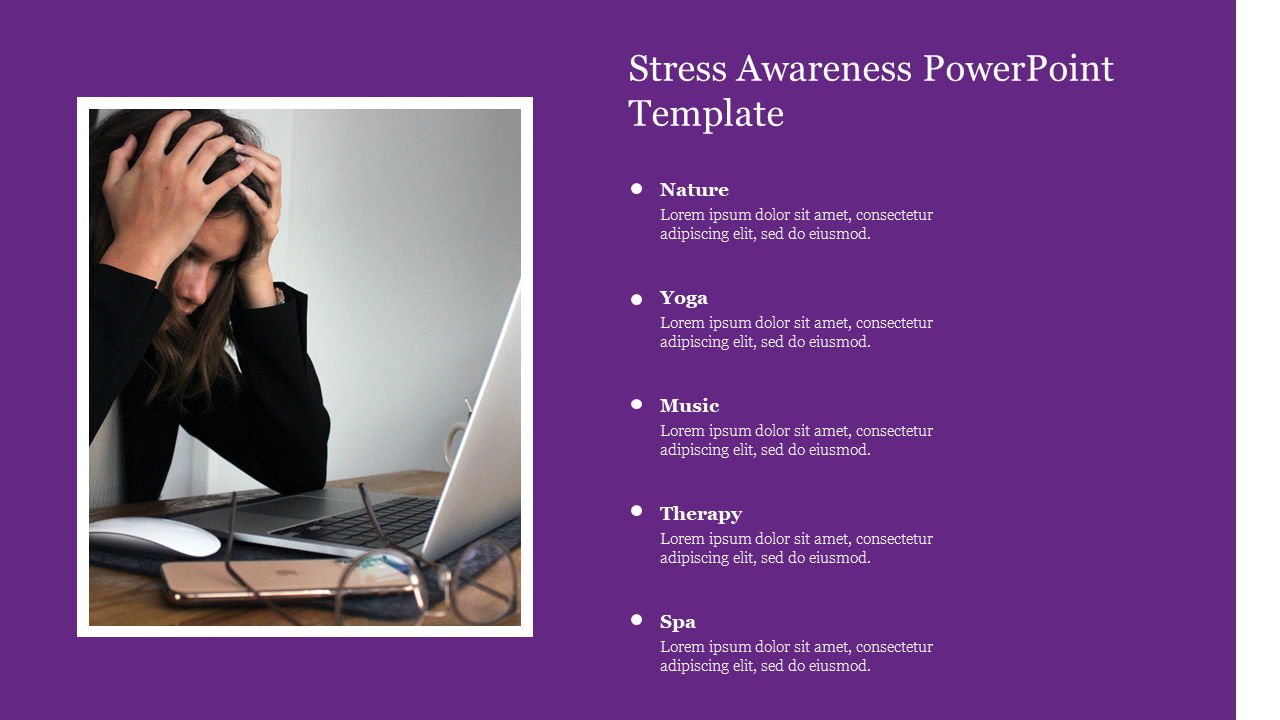 Woman holding head at desk, with stress relief topics listed on a purple background to the right.