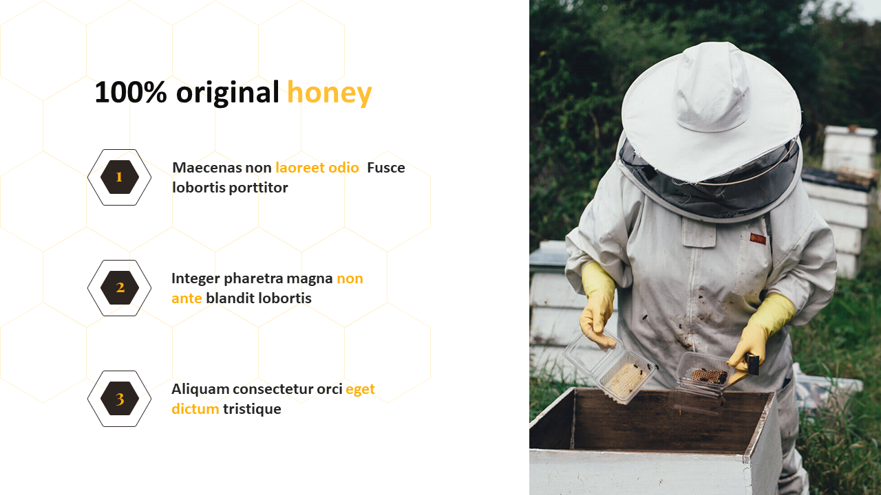 Honey farming slide featuring a beekeeper working with a hive and a list of three points highlighting the benefits.