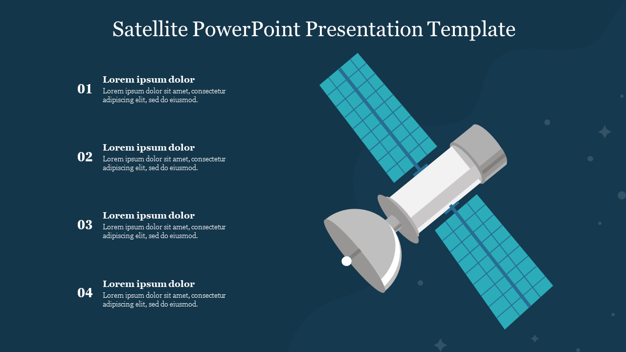 Central white and teal satellite with grid like solar panels, and four bullet points, on a dark blue backdrop.