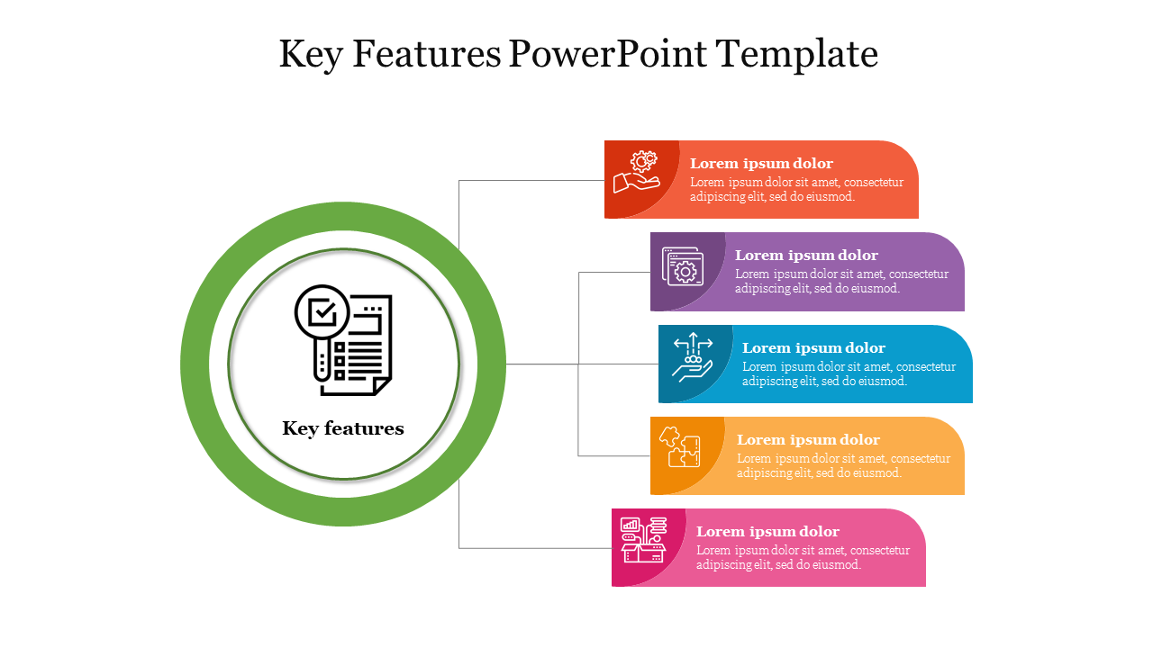 PowerPoint key features template with a green central circle and five colorful segments connected for additional details.