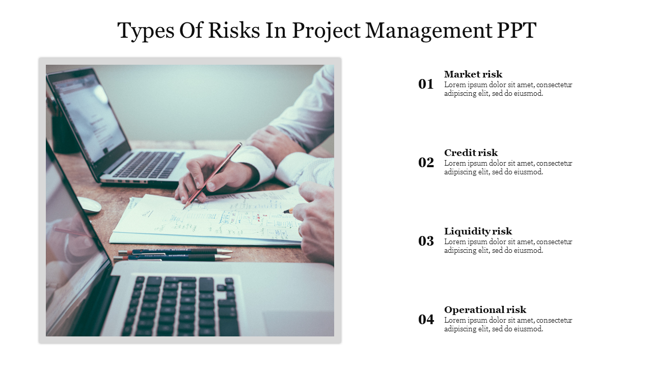 Image showing a workspace with laptops and a hand writing on a paper, with four types of risks from market,  to operational.