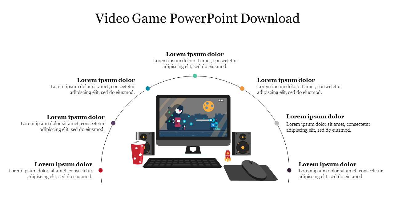 Gaming setup with a computer screen showing a video game, surrounded by a semi circular layout with seven colorful nodes.