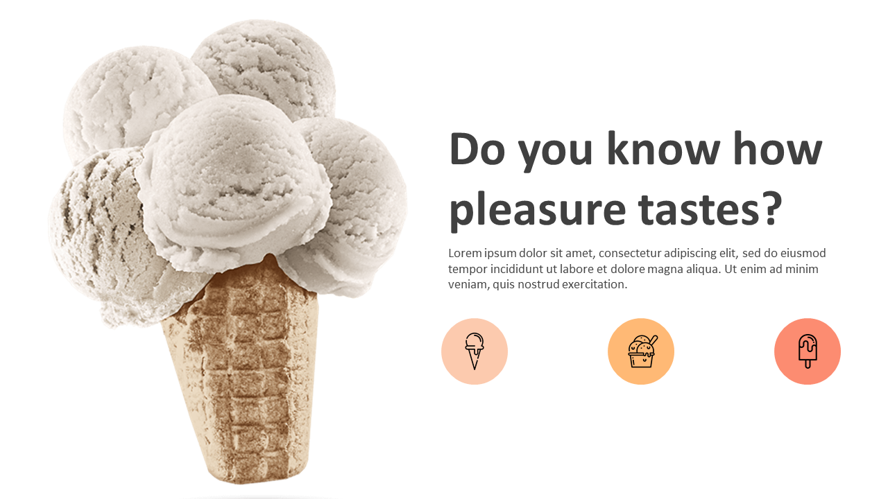 A cone with multiple scoops of vanilla ice cream on the left, with text and three small icons below.