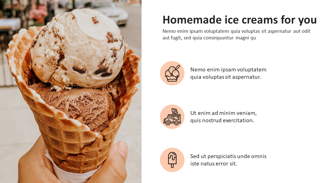 A hand holding a waffle cone with two scoops of ice cream, by three icons and placeholder text on the right.