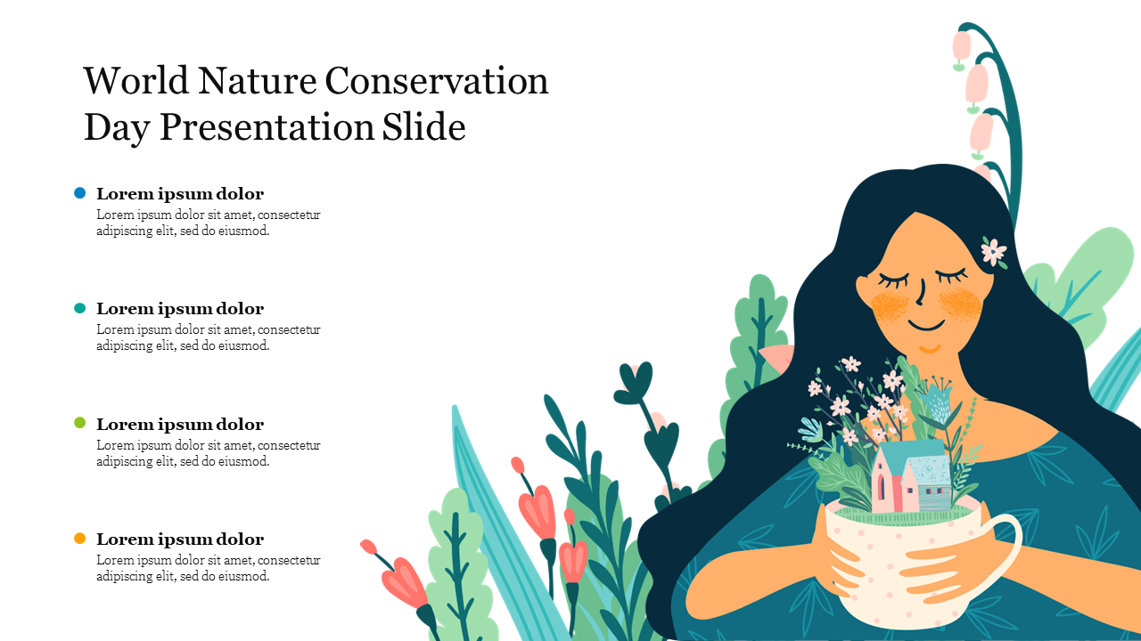 Illustration of a woman holding a house and plants, with text placeholders for the world nature conservation day.