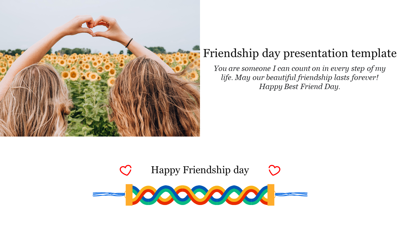 Friendship day PowerPoint template with two people making a heart shape in a sunflower field.