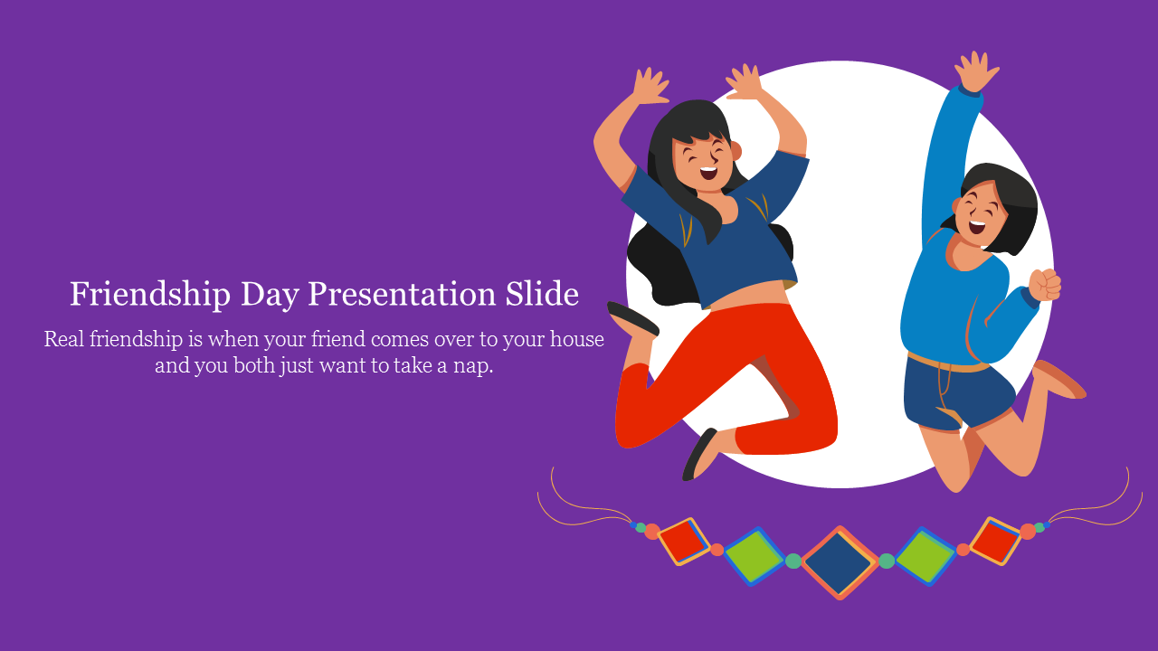 Friendship day slide featuring two happy friends jumping in excitement, with a vibrant purple background and decor.