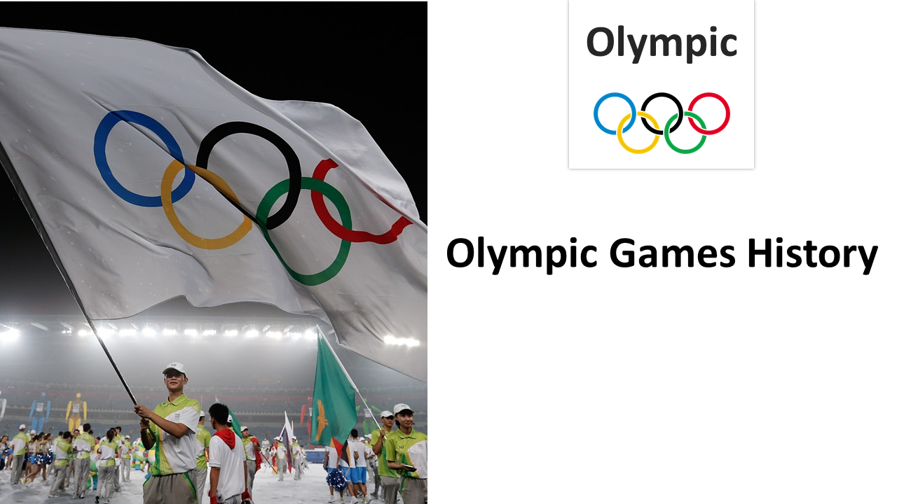 Olympic-themed background slide with a large flag bearing the five Olympic rings, carried by a participant in a stadium.