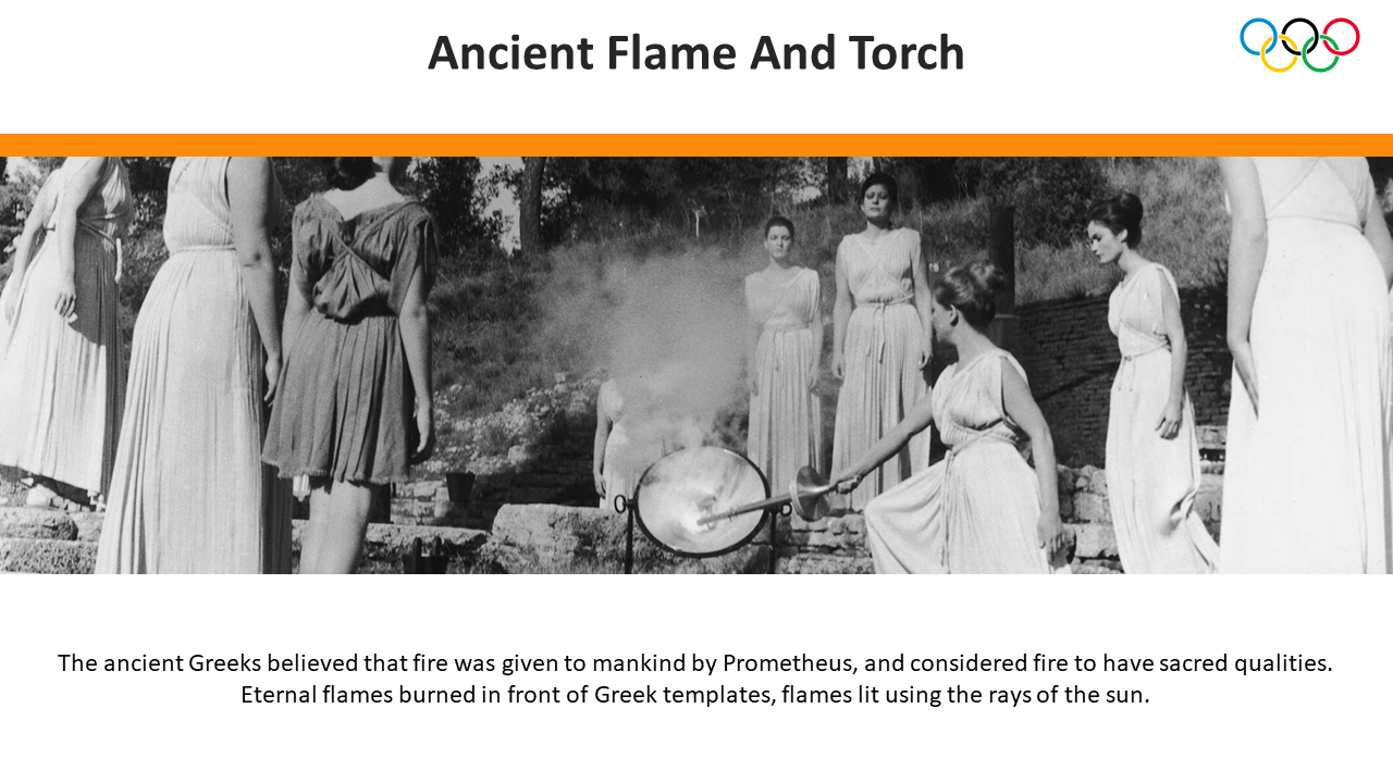 Women in ancient Greek attire gather around a cauldron with smoke rising, symbolizing the origin of the Olympic flame.