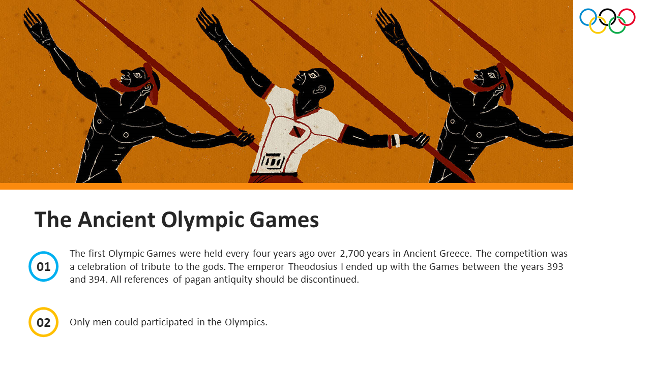 Illustration of three athletes holding spears in an orange background, followed by two text sections with numbered points.