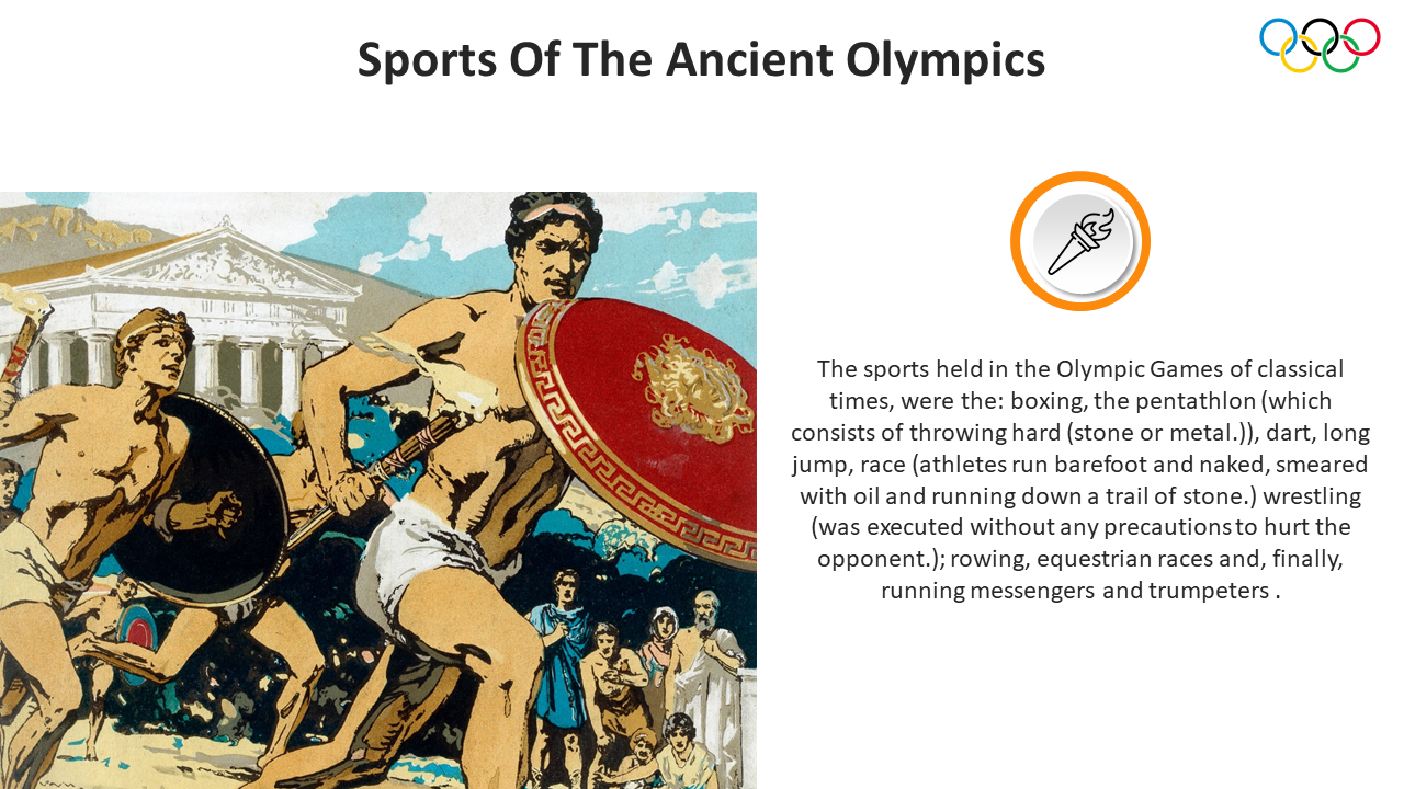 Slide with ancient Greek athletes with shields and information about Olympic sports on the right.