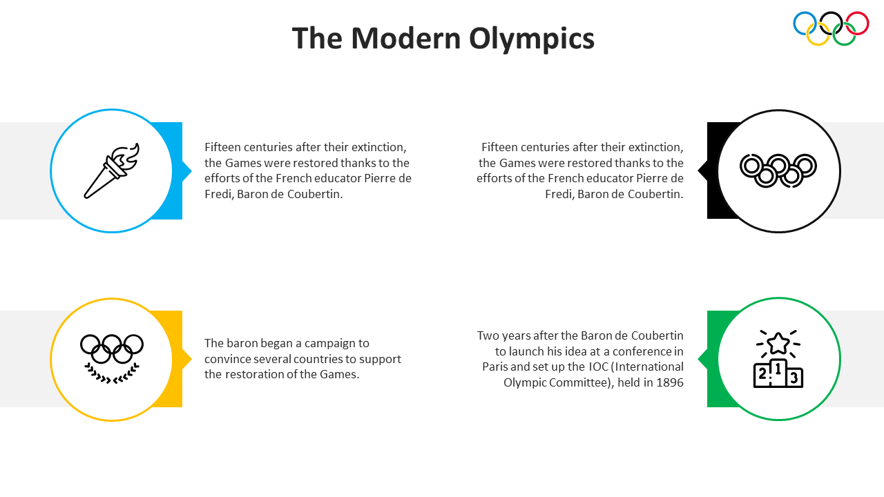 Four-step modern Olympics timeline with colored icons, including a torch, rings, and podium on a white background.