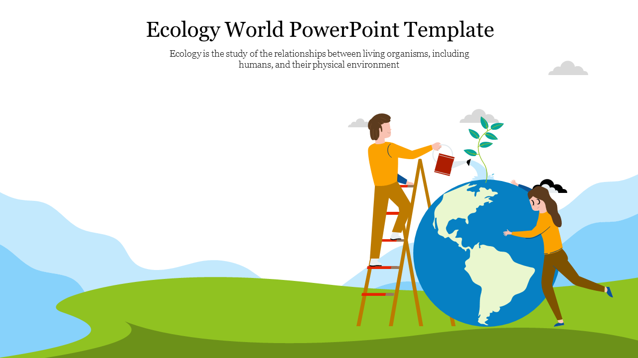 Illustration of two people tending to a globe, one on a ladder watering a plant, with a natural landscape background.