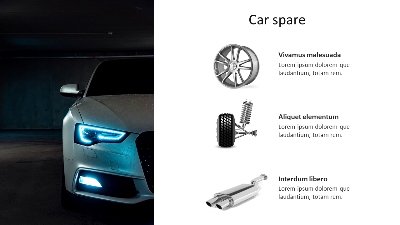 Slide showcasing car spare parts, featuring an illuminated car and three spare components with descriptions.