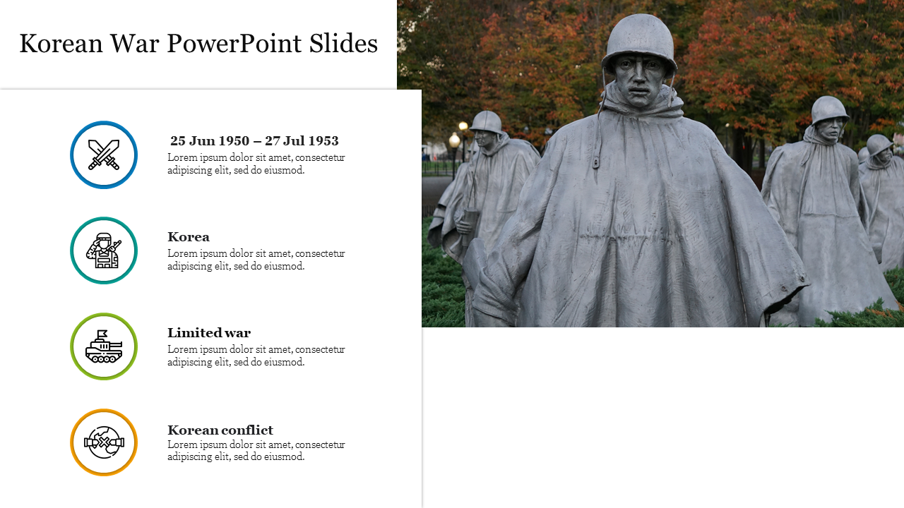 Korean War with statues of soldiers in front of autumn trees and informational icons with captions on key war details.