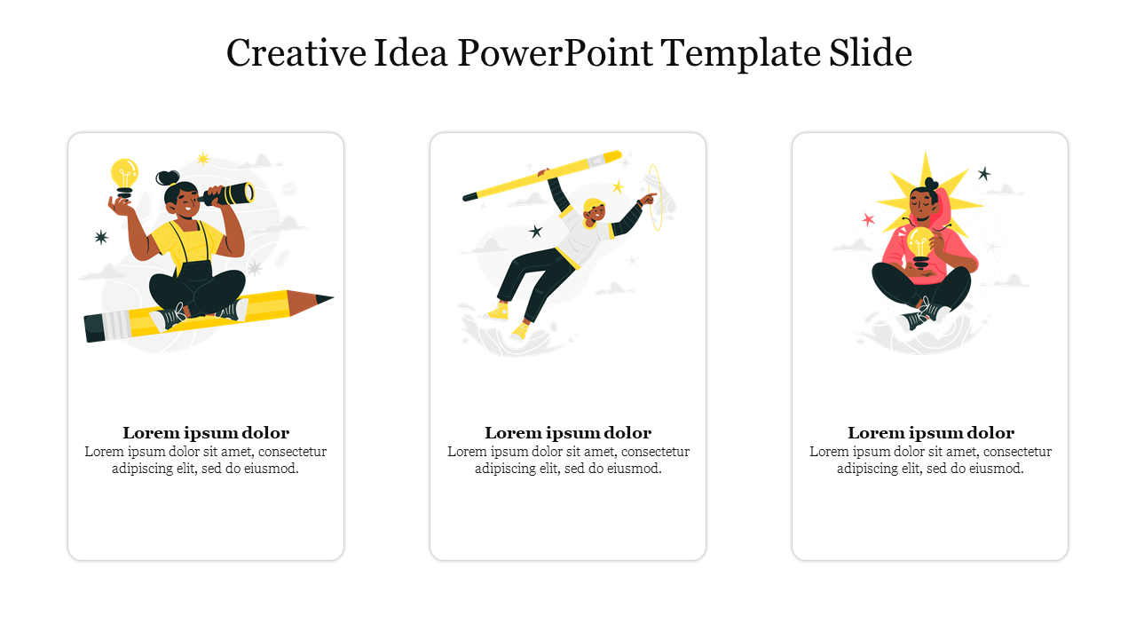 PowerPoint slide with creative idea illustrations featuring a person with a lightbulb, riding a pencil, and brainstorming.