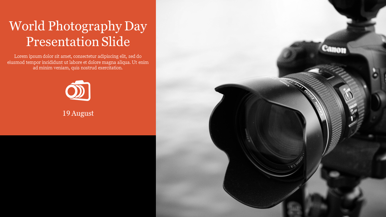 Slide for World Photography day, featuring a close up of a professional camera lens on the right side.