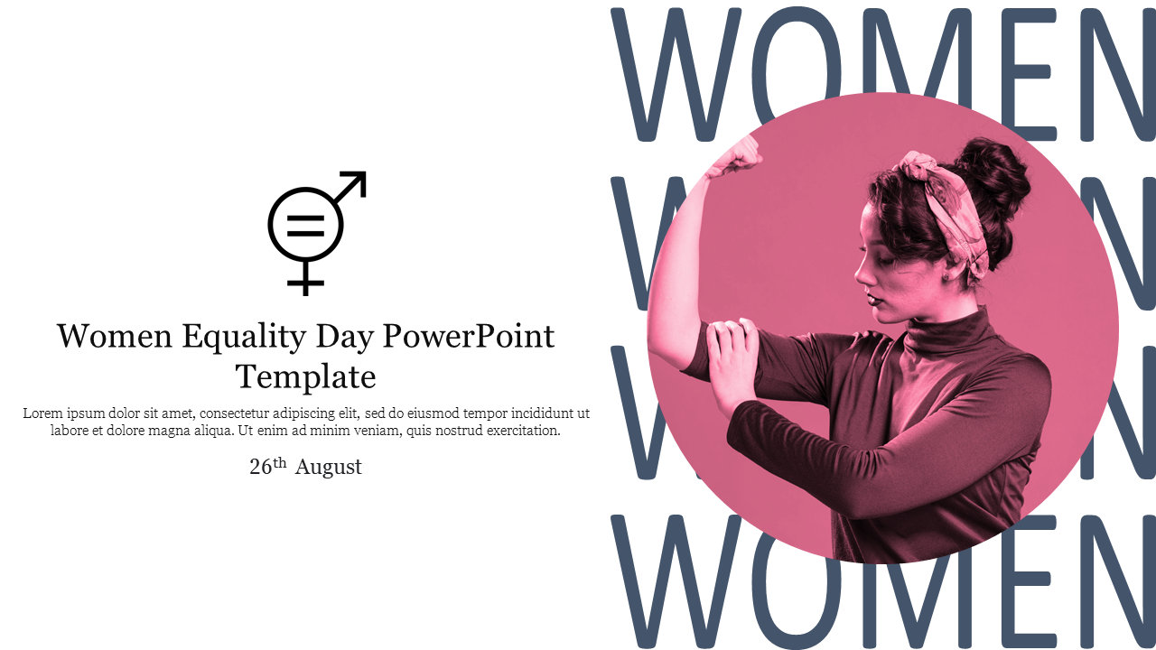 Women equality day template featuring a woman flexing her arm inside a pink circle with gender symbol icon.